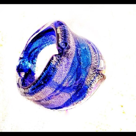 Blue Silver Murano Glass large freeform ring sz 7.5 new - Picture 3 of 7